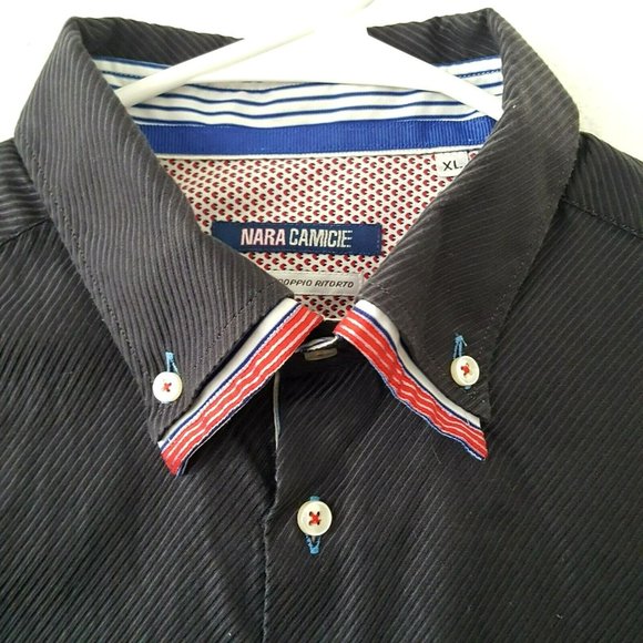 NARACAMICIE Men's XL Button Down Designer Dress Shirt Red White Blue Gray Italy - Picture 4 of 8